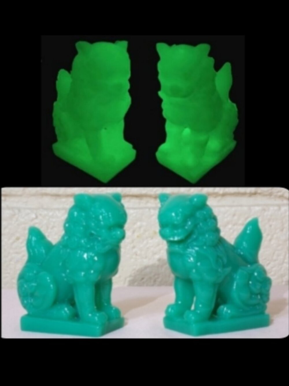 CHINESE FU LION DOGS*GLOW in the DARK*STATUE PAIR-Jade Color Resin-Foo-Guardians